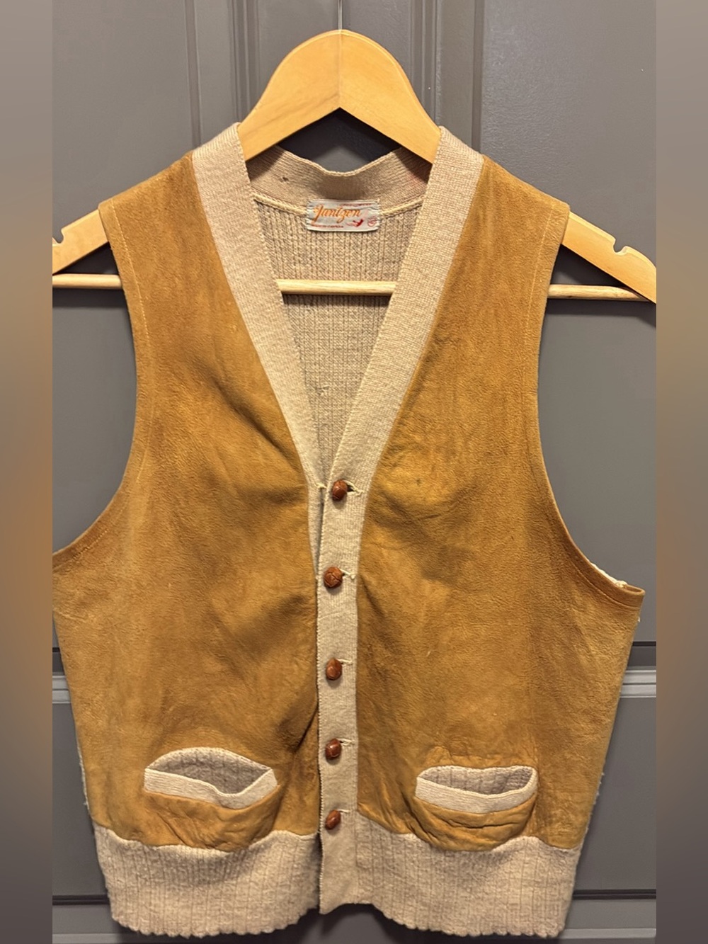 Jantzen Tan Suede and Cream Knit Cardigan Vest